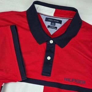 Tommy Hilfiger Polo Shirt Men's XXL Red Colorblock Custom Fit Flag Stripe Logo